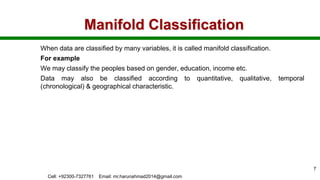 Manifold Classification
When data are classified by many variables, it is called manifold classification.
For example
We may classify the peoples based on gender, education, income etc.
Data may also be classified according to quantitative, qualitative, temporal
(chronological) & geographical characteristic.
Cell: +92300-7327761 Email: mr.harunahmad2014@gmail.com
7
 