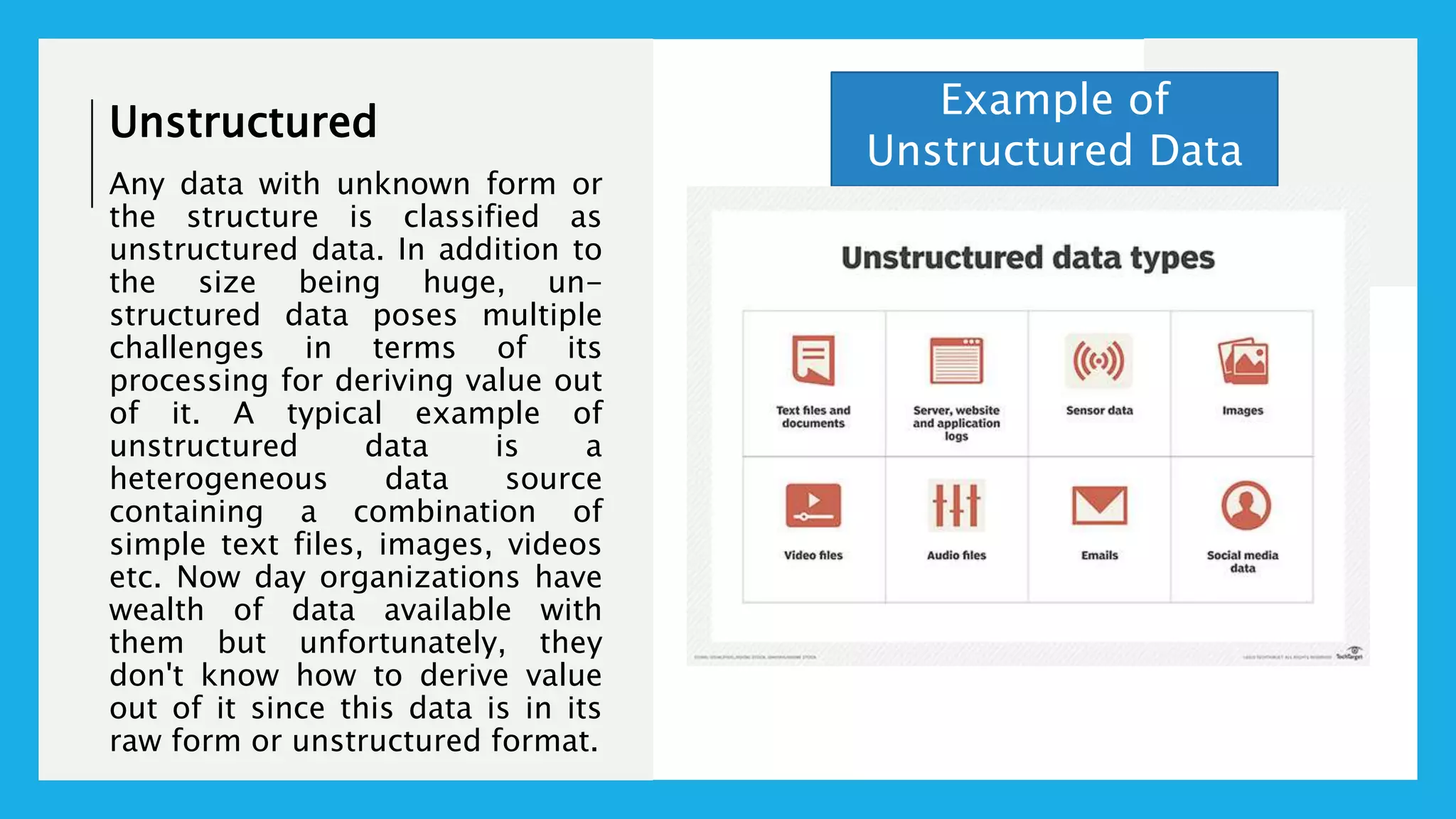 Unstructured
Any data with unknown form or
the structure is classified as
unstructured data. In addition to
the size being huge, un-
structured data poses multiple
challenges in terms of its
processing for deriving value out
of it. A typical example of
unstructured data is a
heterogeneous data source
containing a combination of
simple text files, images, videos
etc. Now day organizations have
wealth of data available with
them but unfortunately, they
don't know how to derive value
out of it since this data is in its
raw form or unstructured format.
Example of
Unstructured Data
 