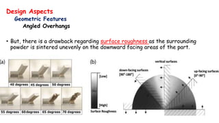 Design Aspects
Geometric Features
Angled Overhangs
• But, there is a drawback regarding surface roughness as the surrounding
powder is sintered unevenly on the downward facing areas of the part.
 