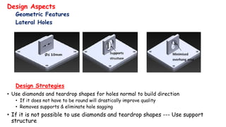 Design Aspects
Geometric Features
Lateral Holes
Design Strategies
• Use diamonds and teardrop shapes for holes normal to build direction
• If it does not have to be round will drastically improve quality
• Removes supports & eliminate hole sagging
• If it is not possible to use diamonds and teardrop shapes --- Use support
structure
 