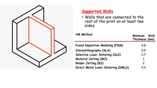 Supported Walls
• Walls that are connected to the
rest of the print on at least two
sides.
AM Method Minimum Wall
Thickness (mm)
Fused Deposition Modeling (FDM) 0.8
Stereolithography (SLA) 0.5
Selective Laser Sintering (SLS) 0.7
Material Jetting (MJ) 1
Binder Jetting (BJ) 2
Direct Metal Laser Sintering (DMLS) 0.4
 