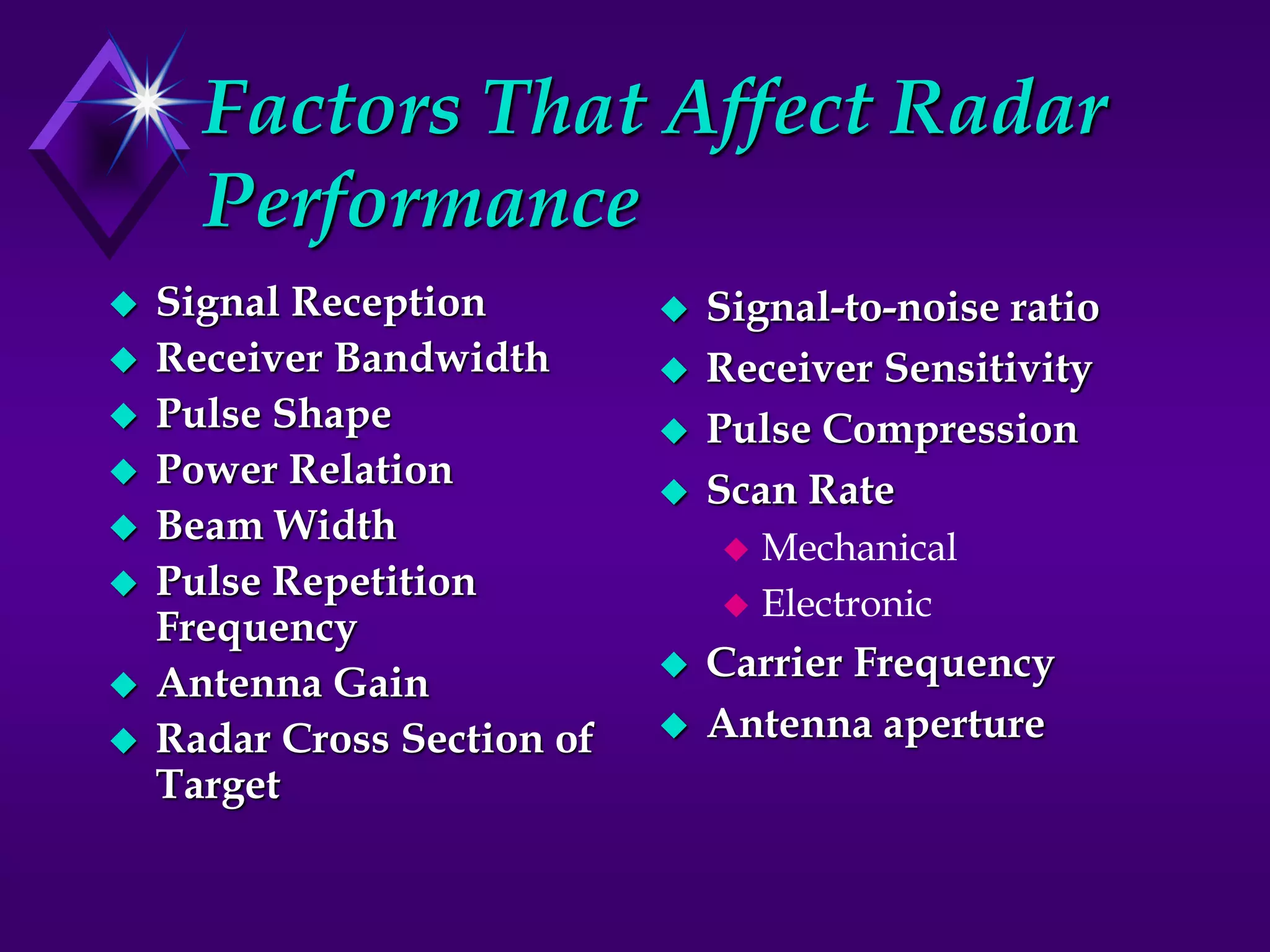 Factors That Affect Radar
Performance
 Signal Reception
 Receiver Bandwidth
 Pulse Shape
 Power Relation
 Beam Width
 Pulse Repetition
Frequency
 Antenna Gain
 Radar Cross Section of
Target
 Signal-to-noise ratio
 Receiver Sensitivity
 Pulse Compression
 Scan Rate
 Mechanical
 Electronic
 Carrier Frequency
 Antenna aperture
 