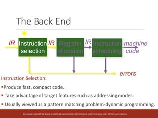 The Back End
Instruction Selection:
Produce fast, compact code.
 Take advantage of target features such as addressing modes.
 Usually viewed as a pattern matching problem-dynamic programming.
Instruction
selection
IR machine
code
errors
Register
allocation
Instruction
scheduling
IR IR
RECOMMANDED TEXT BOOK: COMPILERS-PRINCIPLES TECHNIQUES AND TOOLS BY AHO, SETHI AND ULLMAN
 