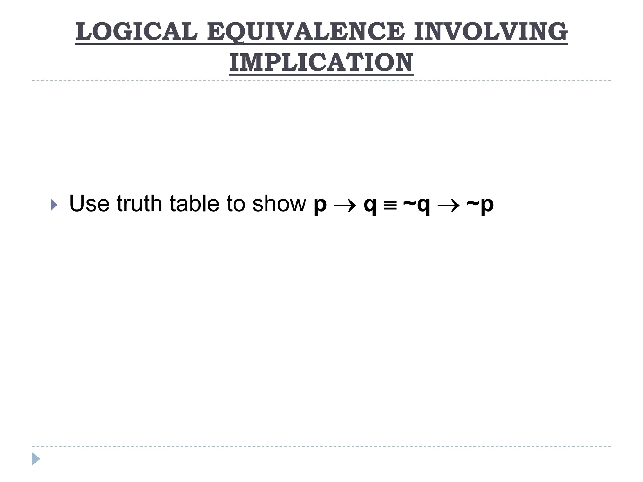 LOGICAL EQUIVALENCE INVOLVING
IMPLICATION
 Use truth table to show p  q  ~q  ~p
 