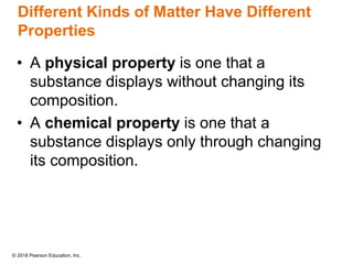 © 2018 Pearson Education, Inc.
Different Kinds of Matter Have Different
Properties
• A physical property is one that a
substance displays without changing its
composition.
• A chemical property is one that a
substance displays only through changing
its composition.
 