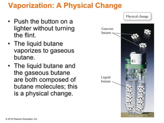 © 2018 Pearson Education, Inc.
Vaporization: A Physical Change
• Push the button on a
lighter without turning
the flint.
• The liquid butane
vaporizes to gaseous
butane.
• The liquid butane and
the gaseous butane
are both composed of
butane molecules; this
is a physical change.
 