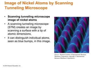 © 2018 Pearson Education, Inc.
Image of Nickel Atoms by Scanning
Tunneling Microscope
• Scanning tunneling microscope
image of nickel atoms
• A scanning tunneling microscope
(STM) creates an image by
scanning a surface with a tip of
atomic dimensions.
• It can distinguish individual atoms,
seen as blue bumps, in this image.
(Source: Reprint Courtesy of International Business
Machines Corporation, copyright © International
Business Machines Corporation.)
 