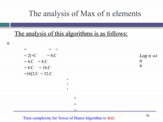 10
10
6
= = =
= 2[+C = 4.C
= 4.C = 8.C
= 8.C = 16.C
=16[2.C = 32.C
=
=
=
Time complexity for Tower of Hanoi Algorithm is (n)
The analysis of this algorithms is as follows:
The analysis of Max of n elements
Log n =i
n
n
.
.
.
 