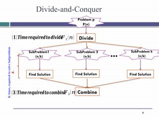 4
Divide
Problem p
P(n)
SubProblem1
(n/k)
SubProblem 2
(n/k)
SubProblem k
(n/k)
...
Find Solution Find Solution Find Solution
Combine
𝐹1 (𝑛)
𝐹2(𝑛)
(𝟏)𝑻𝒊𝒎𝒆𝒓𝒆𝒒𝒖𝒊𝒓𝒆𝒅𝒕𝒐𝒅𝒊𝒗𝒊𝒅𝒆
(𝟑)𝑻𝒊𝒎𝒆𝒓𝒆𝒒𝒖𝒊𝒓𝒆𝒅𝒕𝒐𝒄𝒐𝒎𝒃𝒊𝒏𝒆
K
times,
required
to
solve
Subproblem
K.
Divide-and-Conquer
 