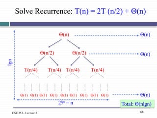66
CSE 353– Lecture 3
Solve Recurrence: T(n) = 2T (n/2) + Θ(n)
Θ(n)
Θ(n/2) Θ(n/2)
T(n/4) T(n/4) T(n/4) T(n/4)
Θ(1) Θ(1) Θ(1) Θ(1) Θ(1)
Θ(1)
Θ(1) Θ(1) Θ(1)
2lgn
= n
lgn
Θ(n)
Θ(n)
Θ(n)
Total: Θ(nlgn)
 