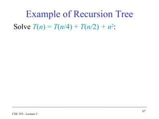67
CSE 353– Lecture 3
Example of Recursion Tree
Solve T(n) = T(n/4) + T(n/2) + n2
:
 