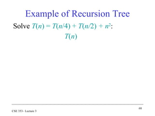 68
CSE 353– Lecture 3
Solve T(n) = T(n/4) + T(n/2) + n2
:
T(n)
Example of Recursion Tree
 