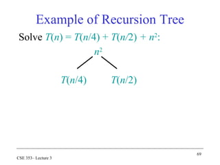 69
CSE 353– Lecture 3
Solve T(n) = T(n/4) + T(n/2) + n2
:
n2
T(n/4) T(n/2)
Example of Recursion Tree
 