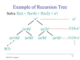 74
CSE 353– Lecture 3
Solve T(n) = T(n/4) + T(n/2) + n2
:
n2
(n/4)2
(n/2)2
(n/16)2
(n/8)2
(n/8)2
(n/4)2
(1)
n2
5/16 n2
25/256 n2
Example of Recursion Tree
 