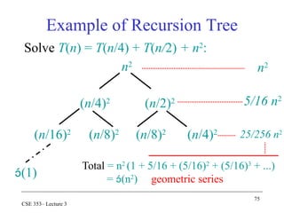 75
CSE 353– Lecture 3
Solve T(n) = T(n/4) + T(n/2) + n2
:
n2
(n/4)2
(n/2)2
(n/16)2
(n/8)2
(n/8)2
(n/4)2
(1)
n2
5/16 n2
25/256 n2
Total = n2
(1 + 5/16 + (5/16)2
+ (5/16)3
+ ...)
= (n2
) geometric series
Example of Recursion Tree
 