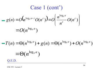 94
CSE 353– Lecture 3
  








 
)
(
)
(
)
(
log
log 



n
O
n
n
O
n
O
n
O
n
g
a
a
b
b
)
(
)
(
)
(
)
(
)
( log
log
log a
a
a b
b
b
n
O
n
n
g
n
n
T 





Case 1 (cont’)
)
( log a
b
n
O

)
( log a
b
n


Q.E.D.
 