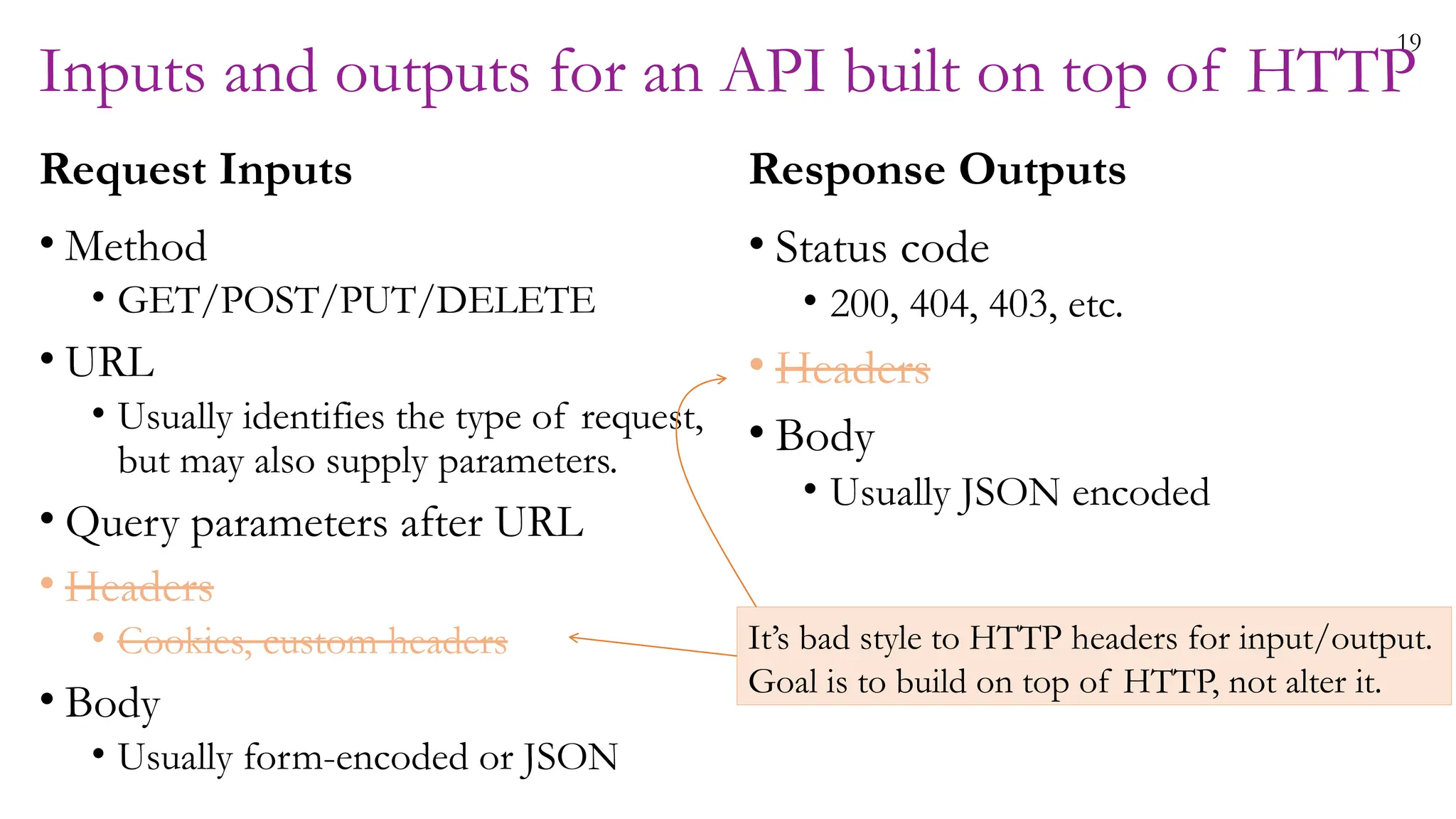 19
Inputs and outputs for an API built on top of HTTP
Request Inputs
• Method
• GET/POST/PUT/DELETE
• URL
• Usually identifies the type of request,
but may also supply parameters.
• Query parameters after URL
• Headers
• Cookies, custom headers
• Body
• Usually form-encoded or JSON
Response Outputs
• Status code
• 200, 404, 403, etc.
• Headers
• Body
• Usually JSON encoded
It’s bad style to HTTP headers for input/output.
Goal is to build on top of HTTP, not alter it.
 