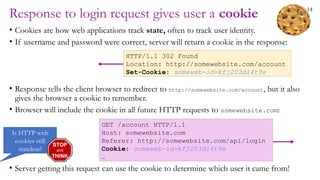 14
Response to login request gives user a cookie
• Cookies are how web applications track state, often to track user identity.
• If username and password were correct, server will return a cookie in the response:
• Response tells the client browser to redirect to http://somewebsite.com/account, but it also
gives the browser a cookie to remember.
• Browser will include the cookie in all future HTTP requests to somewebsite.com:
• Server getting this request can use the cookie to determine which user it came from!
HTTP/1.1 302 Found
Location: http://somewebsite.com/account
Set-Cookie: someweb-id=kfj203d14t9s
GET /account HTTP/1.1
Host: somewebsite.com
Referer: http://somewebsite.com/api/login
Cookie: someweb-id=kfj203d14t9s
…
Is HTTP with
cookies still
stateless?
STOP
and
THINK
 