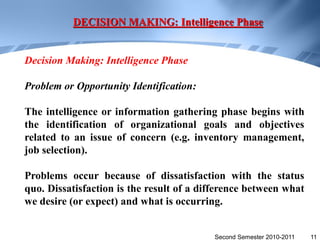 DECISION MAKING: Intelligence Phase


Decision Making: Intelligence Phase

Problem or Opportunity Identification:

The intelligence or information gathering phase begins with
the identification of organizational goals and objectives
related to an issue of concern (e.g. inventory management,
job selection).

Problems occur because of dissatisfaction with the status
quo. Dissatisfaction is the result of a difference between what
we desire (or expect) and what is occurring.


                                          Second Semester 2010-2011   11
 