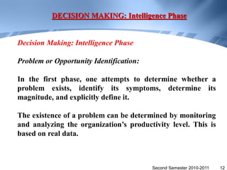 DECISION MAKING: Intelligence Phase


Decision Making: Intelligence Phase

Problem or Opportunity Identification:

In the first phase, one attempts to determine whether a
problem exists, identify its symptoms, determine its
magnitude, and explicitly define it.

The existence of a problem can be determined by monitoring
and analyzing the organization’s productivity level. This is
based on real data.



                                         Second Semester 2010-2011   12
 