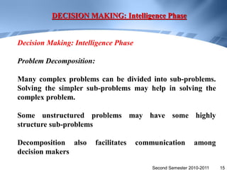 DECISION MAKING: Intelligence Phase


Decision Making: Intelligence Phase

Problem Decomposition:

Many complex problems can be divided into sub-problems.
Solving the simpler sub-problems may help in solving the
complex problem.

Some unstructured problems may have some highly
structure sub-problems

Decomposition also       facilitates   communication         among
decision makers

                                           Second Semester 2010-2011   15
 