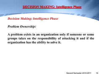 DECISION MAKING: Intelligence Phase


Decision Making: Intelligence Phase

Problem Ownership:

A problem exists in an organization only if someone or some
groups takes on the responsibility of attacking it and if the
organization has the ability to solve it.




                                         Second Semester 2010-2011   16
 