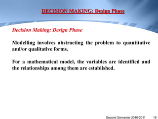 DECISION MAKING: Design Phase


Decision Making: Design Phase

Modelling involves abstracting the problem to quantitative
and/or qualitative forms.

For a mathematical model, the variables are identified and
the relationships among them are established.




                                       Second Semester 2010-2011   19
 
