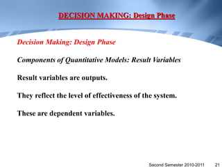 DECISION MAKING: Design Phase


Decision Making: Design Phase

Components of Quantitative Models: Result Variables

Result variables are outputs.

They reflect the level of effectiveness of the system.

These are dependent variables.




                                            Second Semester 2010-2011   21
 