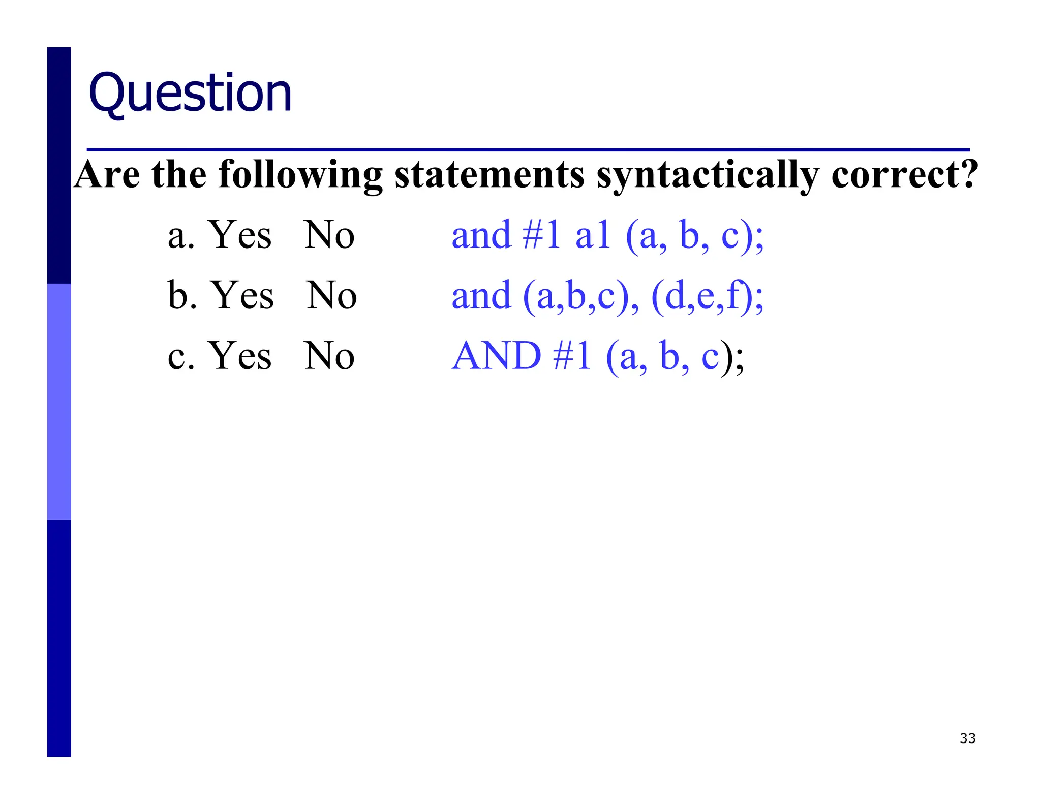 Question
Are the following statements syntactically correct?
a. Yes No and #1 a1 (a, b, c);
b. Yes No and (a,b,c), (d,e,f);
c. Yes No AND #1 (a, b, c);
33
 