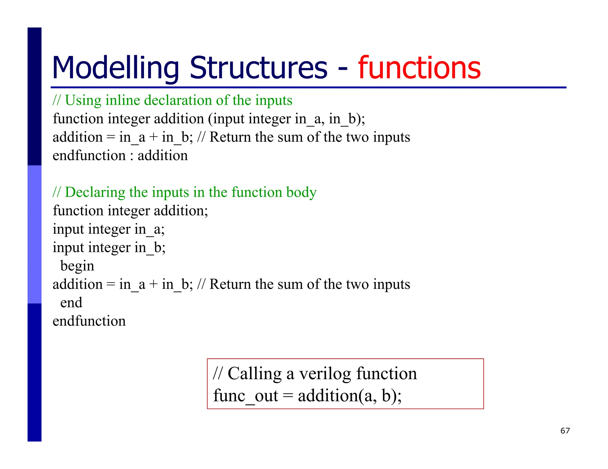 67
Modelling Structures - functions
// Using inline declaration of the inputs
function integer addition (input integer in_a, in_b);
addition = in_a + in_b; // Return the sum of the two inputs
endfunction : addition
// Declaring the inputs in the function body
function integer addition;
input integer in_a;
input integer in_b;
begin
addition = in_a + in_b; // Return the sum of the two inputs
end
endfunction
// Calling a verilog function
func_out = addition(a, b);
 