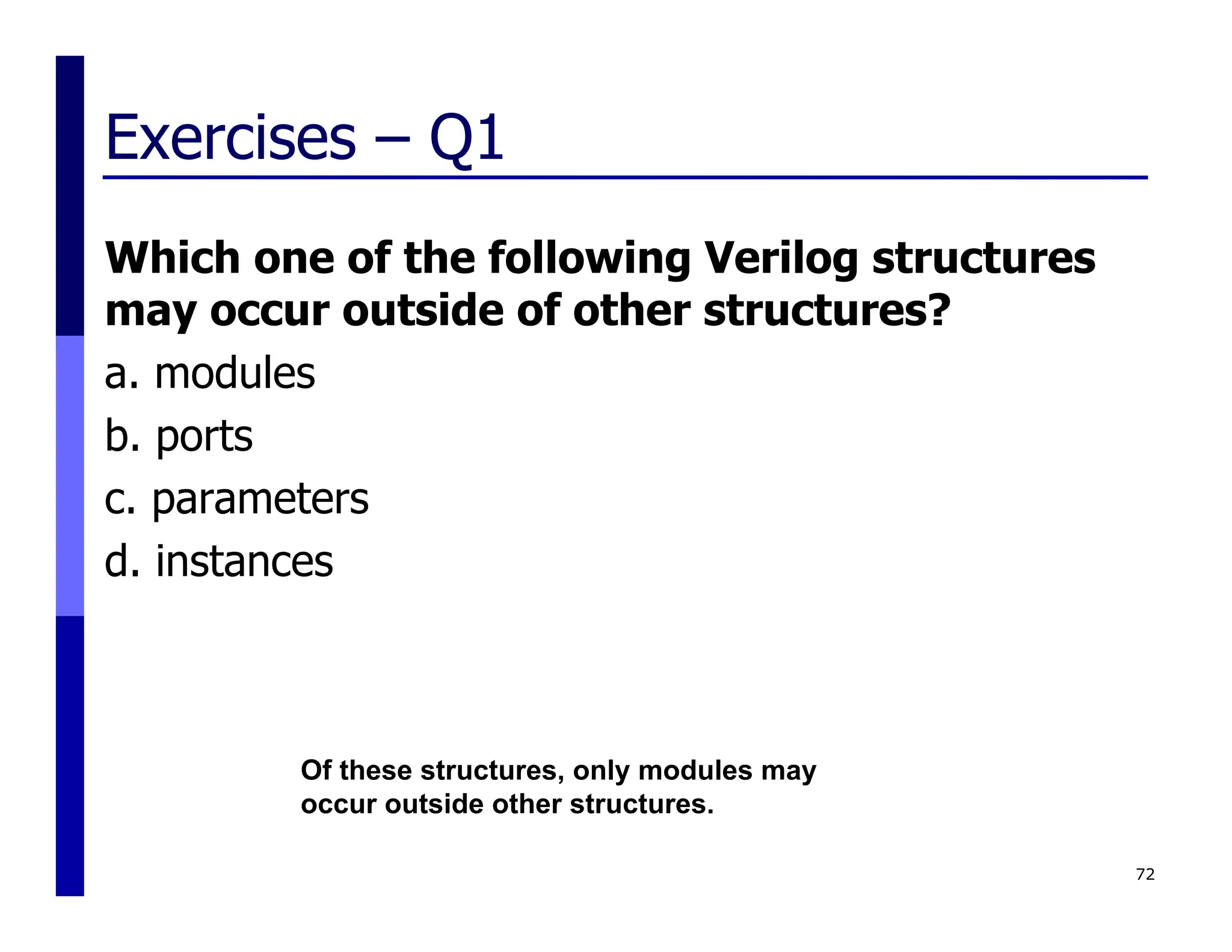 Exercises – Q1
Which one of the following Verilog structures
may occur outside of other structures?
a. modules
b. ports
c. parameters
d. instances
72
Of these structures, only modules may
occur outside other structures.
 