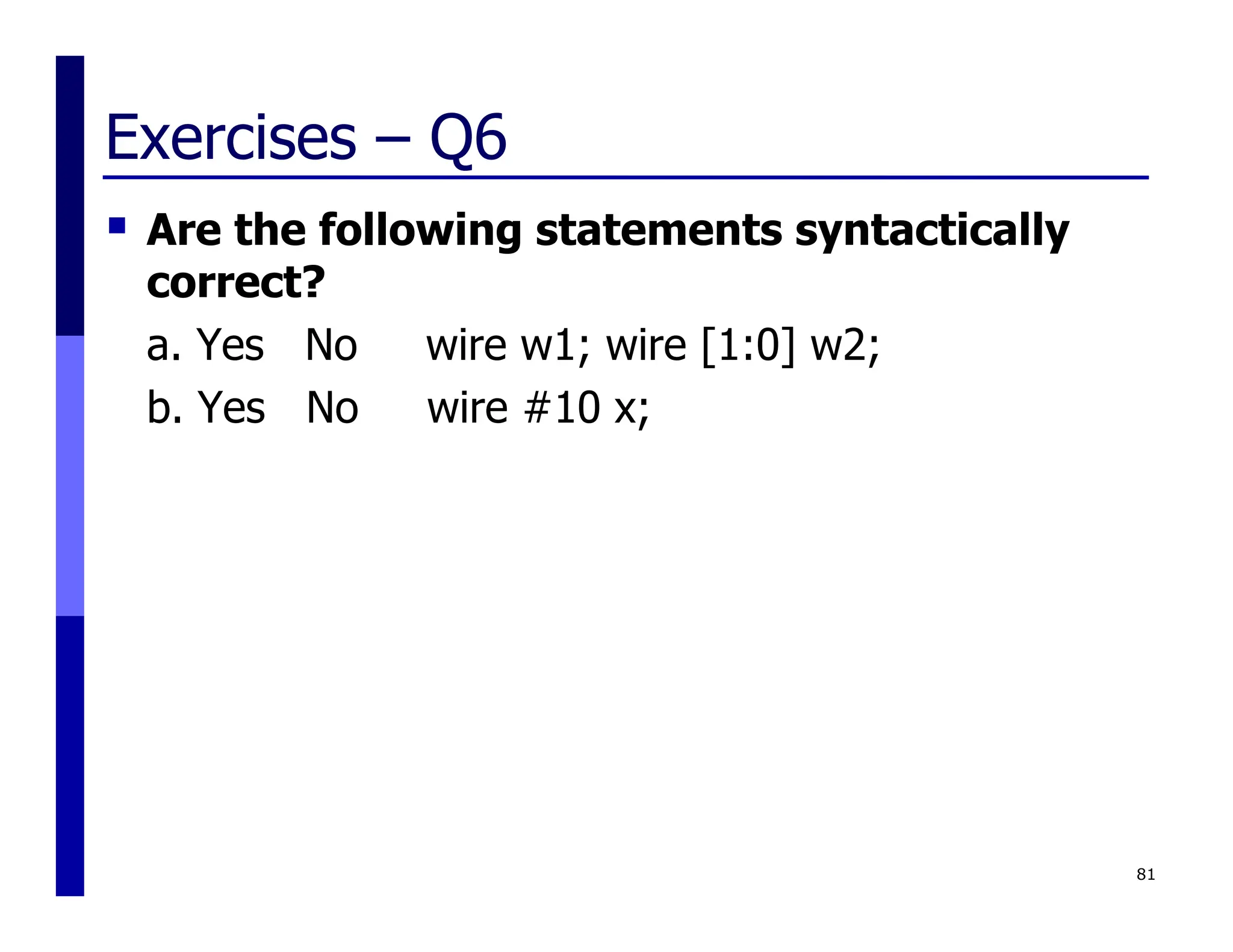 Exercises – Q6
 Are the following statements syntactically
correct?
a. Yes No wire w1; wire [1:0] w2;
b. Yes No wire #10 x;
81
 