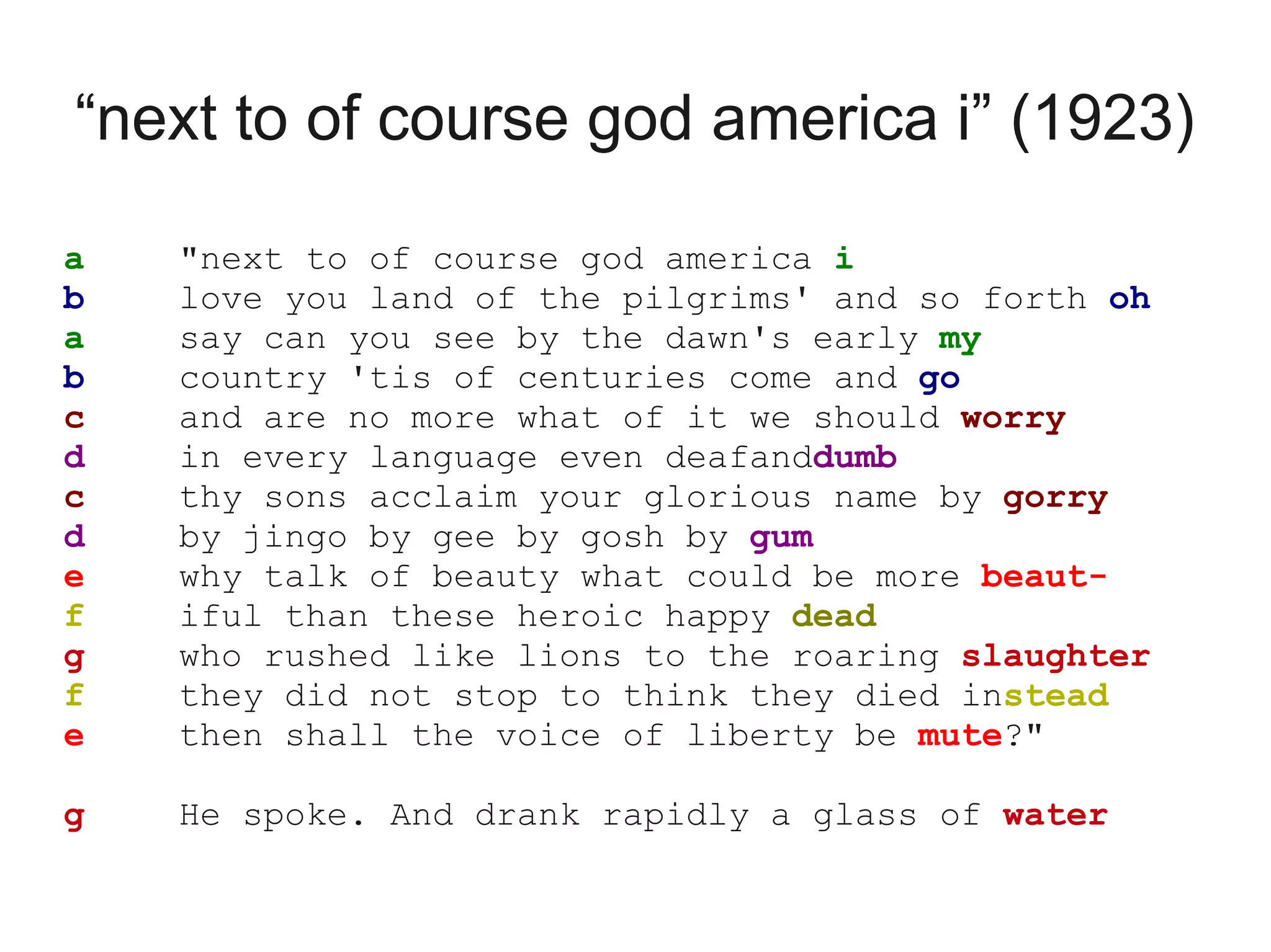 “next to of course god america i” (1923)

a   "next to of course god america i
b   love you land of the pilgrims' and so forth oh
a   say can you see by the dawn's early my
b   country 'tis of centuries come and go
c   and are no more what of it we should worry
d   in every language even deafanddumb
c   thy sons acclaim your glorious name by gorry
d   by jingo by gee by gosh by gum
e   why talk of beauty what could be more beaut-
f   iful than these heroic happy dead
g   who rushed like lions to the roaring slaughter
f   they did not stop to think they died instead
e   then shall the voice of liberty be mute?"

g   He spoke. And drank rapidly a glass of water
 