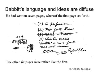 Babbitt’s language and ideas are diffuse




                            (p. 133; ch. 13, sec. 2)
 
