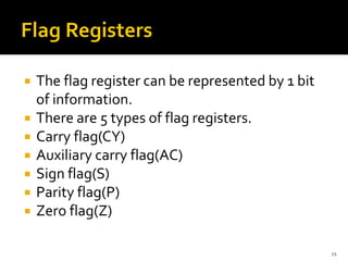  The flag register can be represented by 1 bit
of information.
 There are 5 types of flag registers.
 Carry flag(CY)
 Auxiliary carry flag(AC)
 Sign flag(S)
 Parity flag(P)
 Zero flag(Z)
11
 