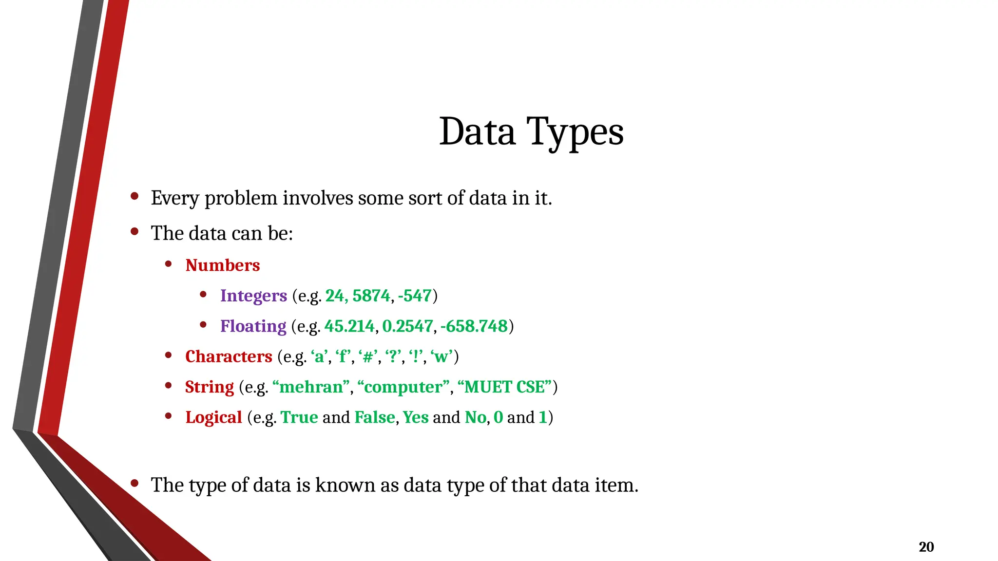 20
Data Types
• Every problem involves some sort of data in it.
• The data can be:
• Numbers
• Integers (e.g. 24, 5874, -547)
• Floating (e.g. 45.214, 0.2547, -658.748)
• Characters (e.g. ‘a’, ‘f’, ‘#’, ‘?’, ‘!’, ‘w’)
• String (e.g. “mehran”, “computer”, “MUET CSE”)
• Logical (e.g. True and False, Yes and No, 0 and 1)
• The type of data is known as data type of that data item.
 