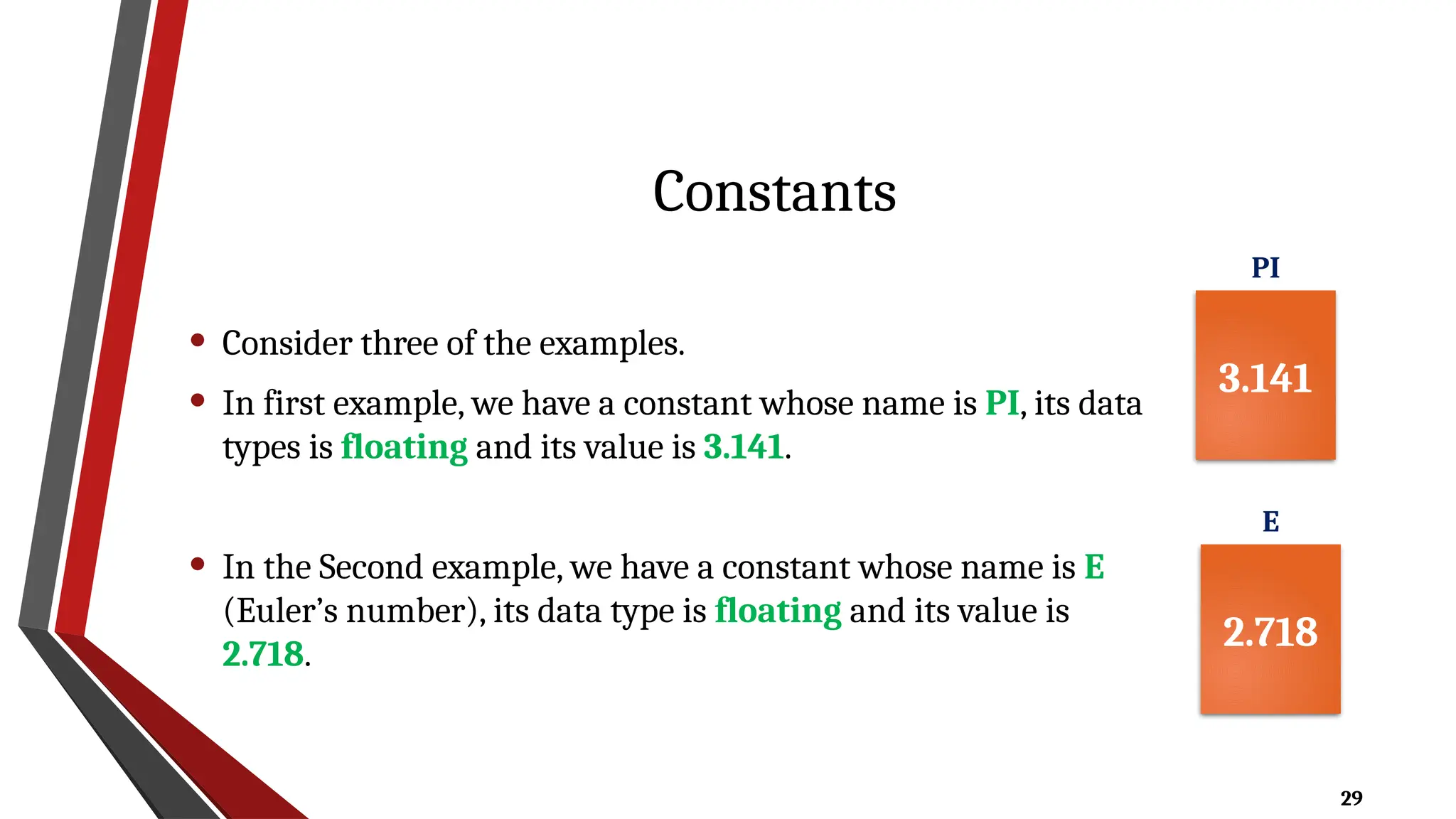 29
Constants
• Consider three of the examples.
• In first example, we have a constant whose name is PI, its data
types is floating and its value is 3.141.
• In the Second example, we have a constant whose name is E
(Euler’s number), its data type is floating and its value is
2.718.
3.141
PI
2.718
E
 