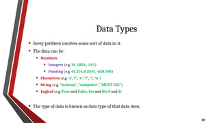 20
Data Types
• Every problem involves some sort of data in it.
• The data can be:
• Numbers
• Integers (e.g. 24, 5874, -547)
• Floating (e.g. 45.214, 0.2547, -658.748)
• Characters (e.g. ‘a’, ‘f’, ‘#’, ‘?’, ‘!’, ‘w’)
• String (e.g. “mehran”, “computer”, “MUET CSE”)
• Logical (e.g. True and False, Yes and No, 0 and 1)
• The type of data is known as data type of that data item.
 
