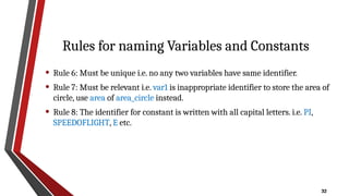 32
Rules for naming Variables and Constants
• Rule 6: Must be unique i.e. no any two variables have same identifier.
• Rule 7: Must be relevant i.e. var1 is inappropriate identifier to store the area of
circle, use area of area_circle instead.
• Rule 8: The identifier for constant is written with all capital letters. i.e. PI,
SPEEDOFLIGHT, E etc.
 