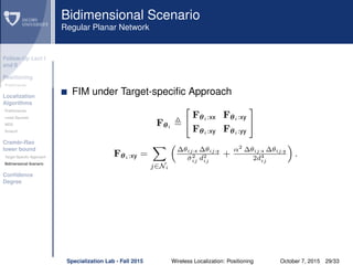 Follow-Up Lect I
and II
Positioning
Preliminaries
Localization
Algorithms
Preliminaries
Least Squares
MDS
Smacof
Cramèr-Rao
lower bound
Target Speciﬁc Approach
Bidimensional Scenario
Conﬁdence
Degree
Bidimensional Scenario
Regular Planar Network
FIM under Target-speciﬁc Approach
Fθi
Fθi:xx Fθi:xy
Fθi:xy Fθi:yy
Fθi:xy =
j∈Ni
∆θij:x ∆θij:y
¯σ2
ij d2
ij
+
α2
∆θij:x ∆θij:y
2d4
ij
.
Specialization Lab - Fall 2015 Wireless Localization: Positioning October 7, 2015 29/33
 