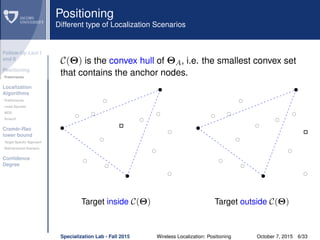 Follow-Up Lect I
and II
Positioning
Preliminaries
Localization
Algorithms
Preliminaries
Least Squares
MDS
Smacof
Cramèr-Rao
lower bound
Target Speciﬁc Approach
Bidimensional Scenario
Conﬁdence
Degree
Positioning
Different type of Localization Scenarios
C(Θ) is the convex hull of ΘA, i.e. the smallest convex set
that contains the anchor nodes.
Target inside C(Θ) Target outside C(Θ)
Specialization Lab - Fall 2015 Wireless Localization: Positioning October 7, 2015 6/33
 