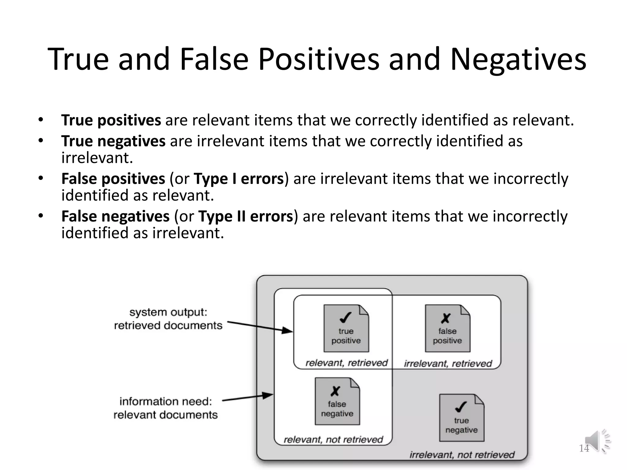 True and False Positives and Negatives • True positives are relevant items that we correctly identified as relevant. • True negatives are irrelevant items that we correctly identified as irrelevant. • False positives (or Type I errors) are irrelevant items that we incorrectly identified as relevant. • False negatives (or Type II errors) are relevant items that we incorrectly identified as irrelevant. Lecture 3: Basic Concepts of ML 14 