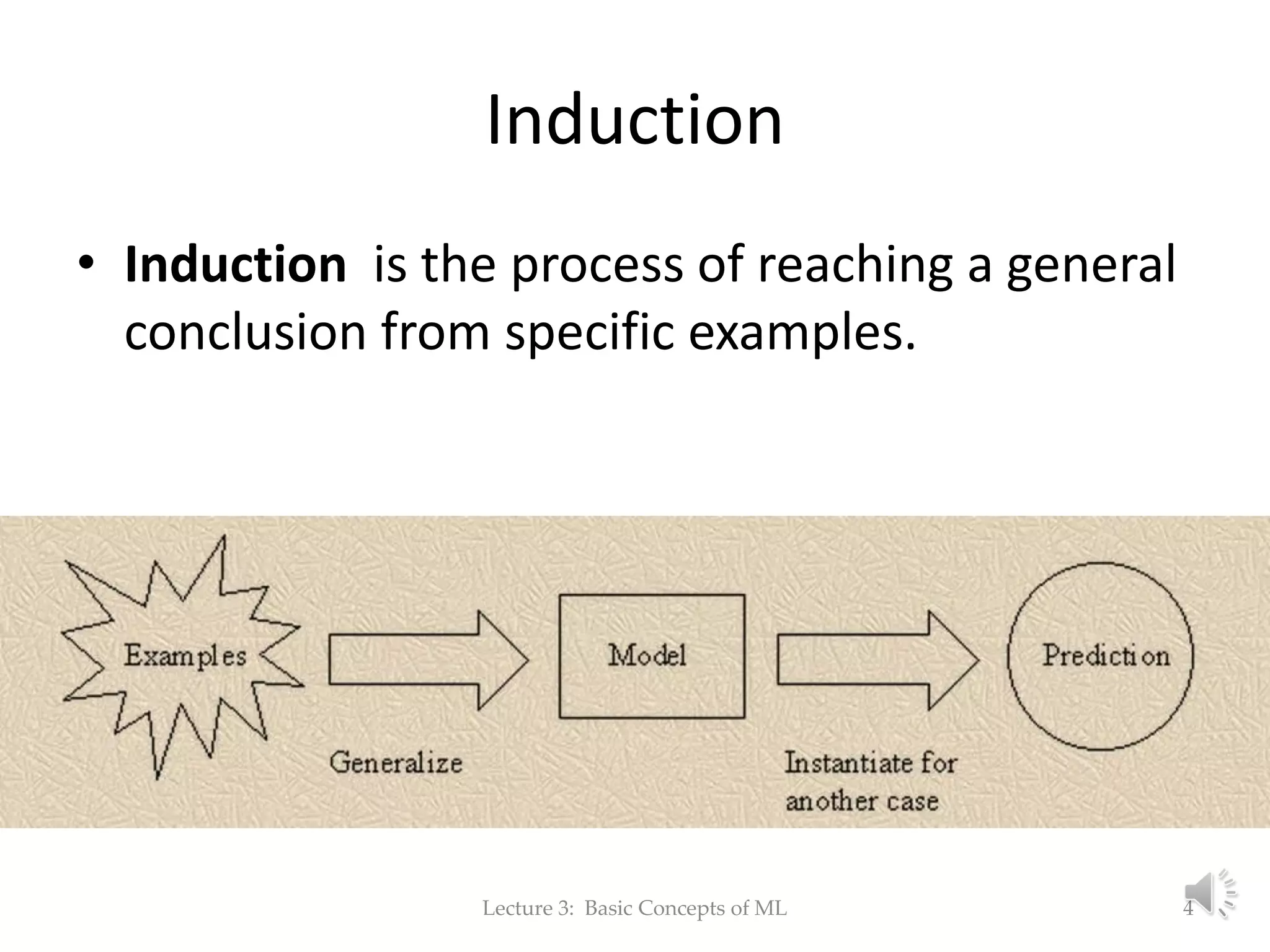 Induction • Induction is the process of reaching a general conclusion from specific examples. Lecture 3: Basic Concepts of ML 4 