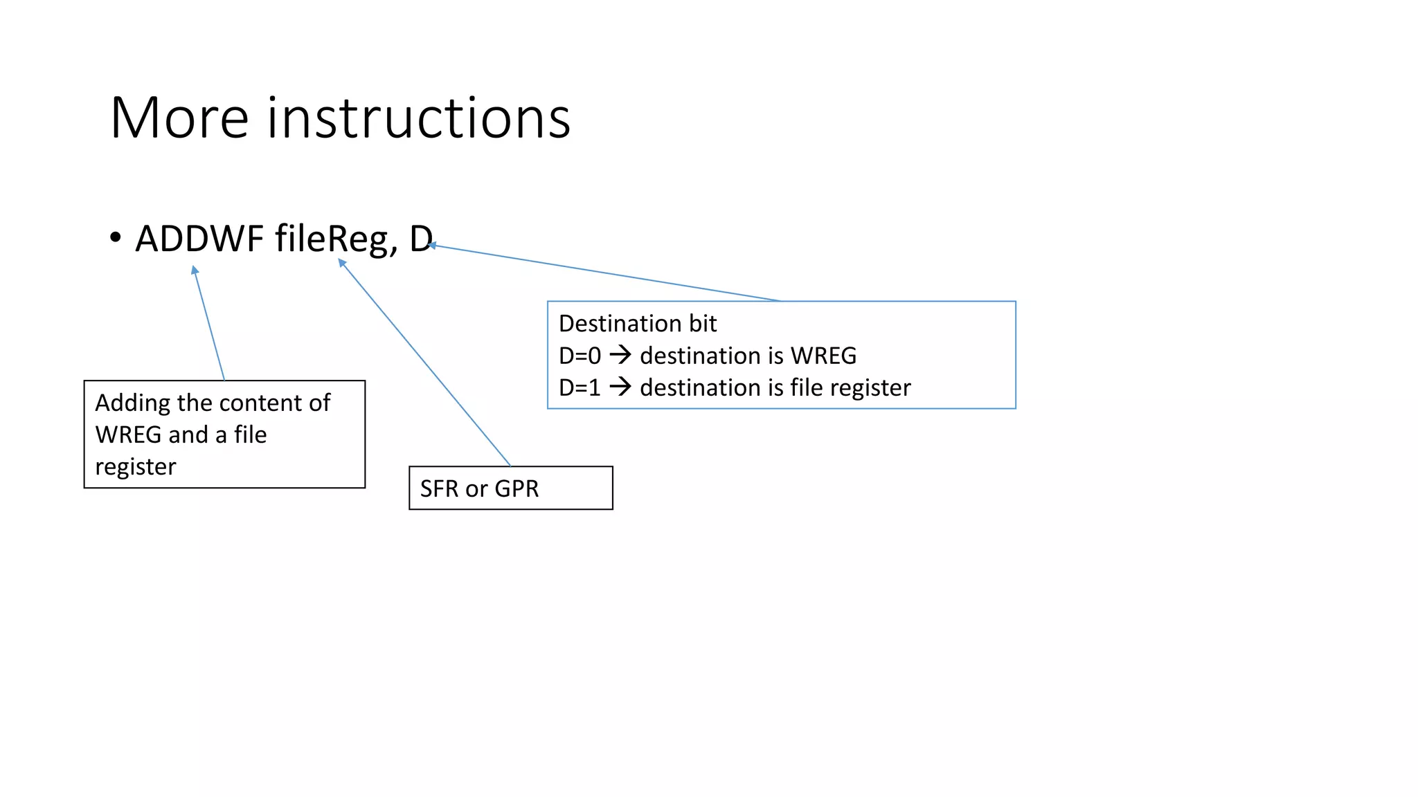 More instructions
• ADDWF fileReg, D
SFR or GPR
Adding the content of
WREG and a file
register
Destination bit
D=0  destination is WREG
D=1  destination is file register
 