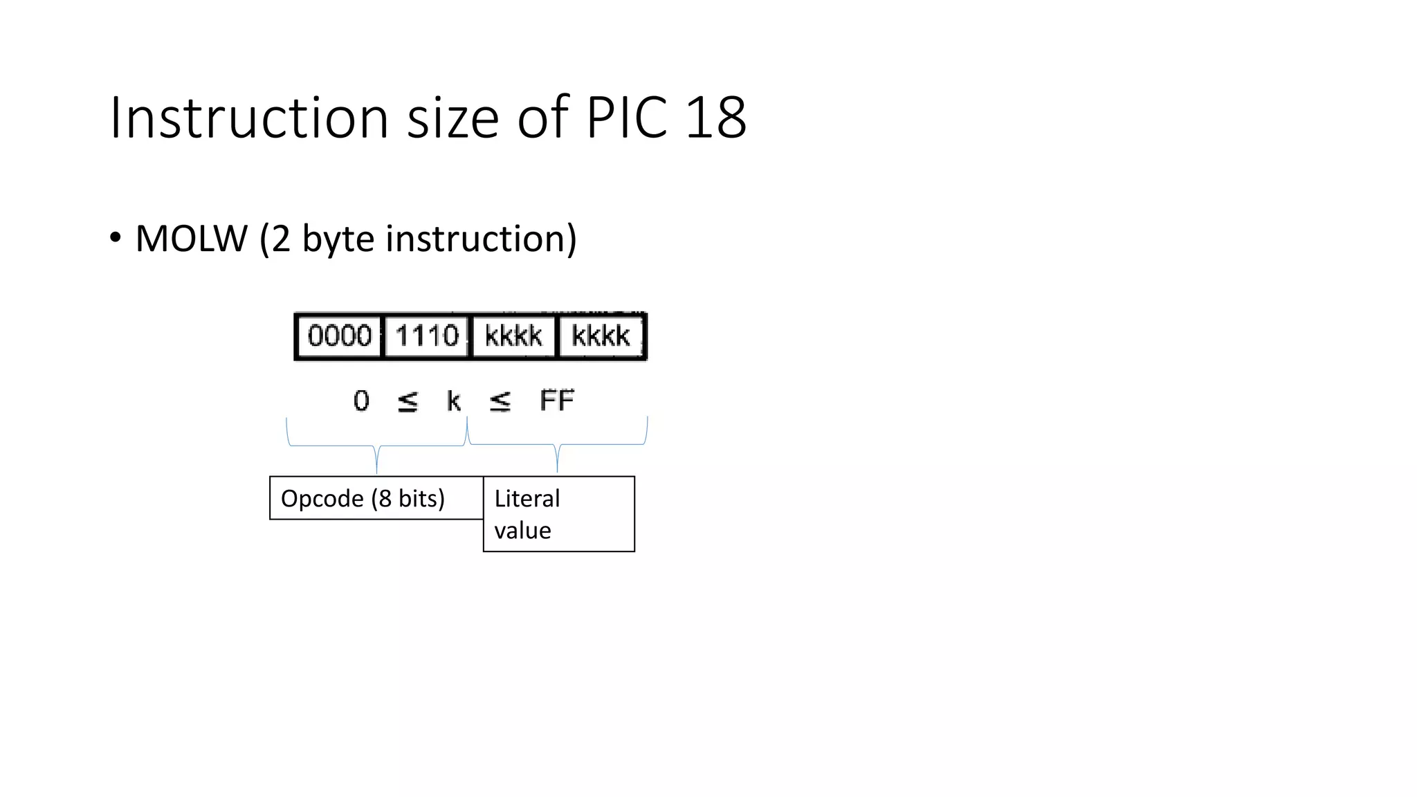 Instruction size of PIC 18
• MOLW (2 byte instruction)
Opcode (8 bits) Literal
value
 