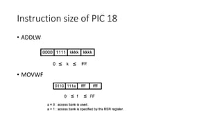 Instruction size of PIC 18
• ADDLW
• MOVWF
 