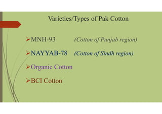 Varieties/Types of Pak Cotton
MNH-93 (Cotton of Punjab region)
NAYYAB-78 (Cotton of Sindh region)
Organic Cotton
BCI Cotton
 