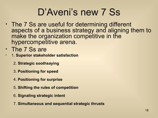 DAvenis new 7 Ss
? The 7 Ss are useful for determining different
aspects of a business strategy and aligning them to
make the organization competitive in the
hypercompetitive arena.
? The 7 Ss are
? 1. Superior stakeholder satisfaction
2. Strategic soothsaying
3. Positioning for speed
4. Positioning for surprise
5. Shifting the rules of competition
6. Signaling strategic intent
7. Simultaneous and sequential strategic thrusts
18
 
