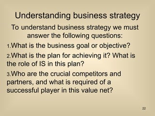 Understanding business strategy
To understand business strategy we must
answer the following questions:
1.What is the business goal or objective?
2.What is the plan for achieving it? What is
the role of IS in this plan?
3.Who are the crucial competitors and
partners, and what is required of a
successful player in this value net?
22
 