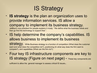 IS Strategy
? IS strategy is the plan an organization uses to
provide information services. IS allow a
company to implement its business strategy.
JetBlues vice president for people explains it nicely: We define what the business needs and
then go find the technology to support that..
? IS help determine the companys capabilities. IS
allows business to implement its business
strategy. While Business strategy is a function of competition (What does the customer
want and what does the competition do?), positioning (In what way does the firm want to
compete?), and capabilities (What can the firm do?).
? Four key IS infrastructure components are key to
IS strategy (Figure on next page) - These key components are
sufficient to allow the general manager to assess critical IS issues.
38
 